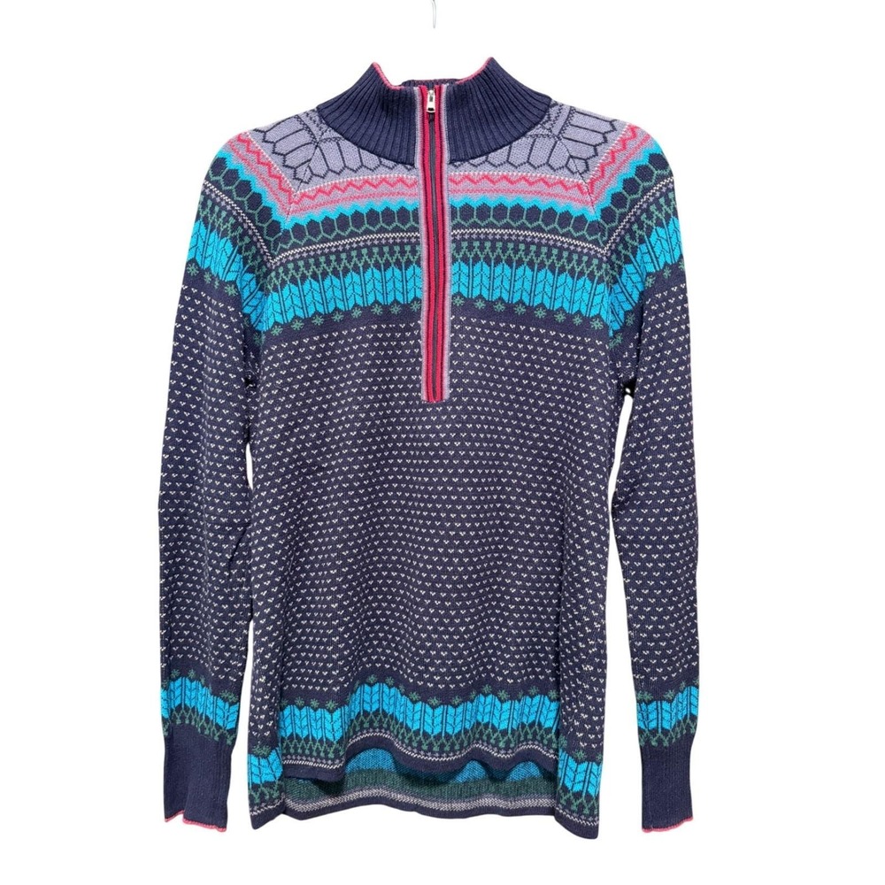 Eddie Bauer Womens Quarter Zip Fair Isle Mock Neck Sweater Navy Blue Teal Size M